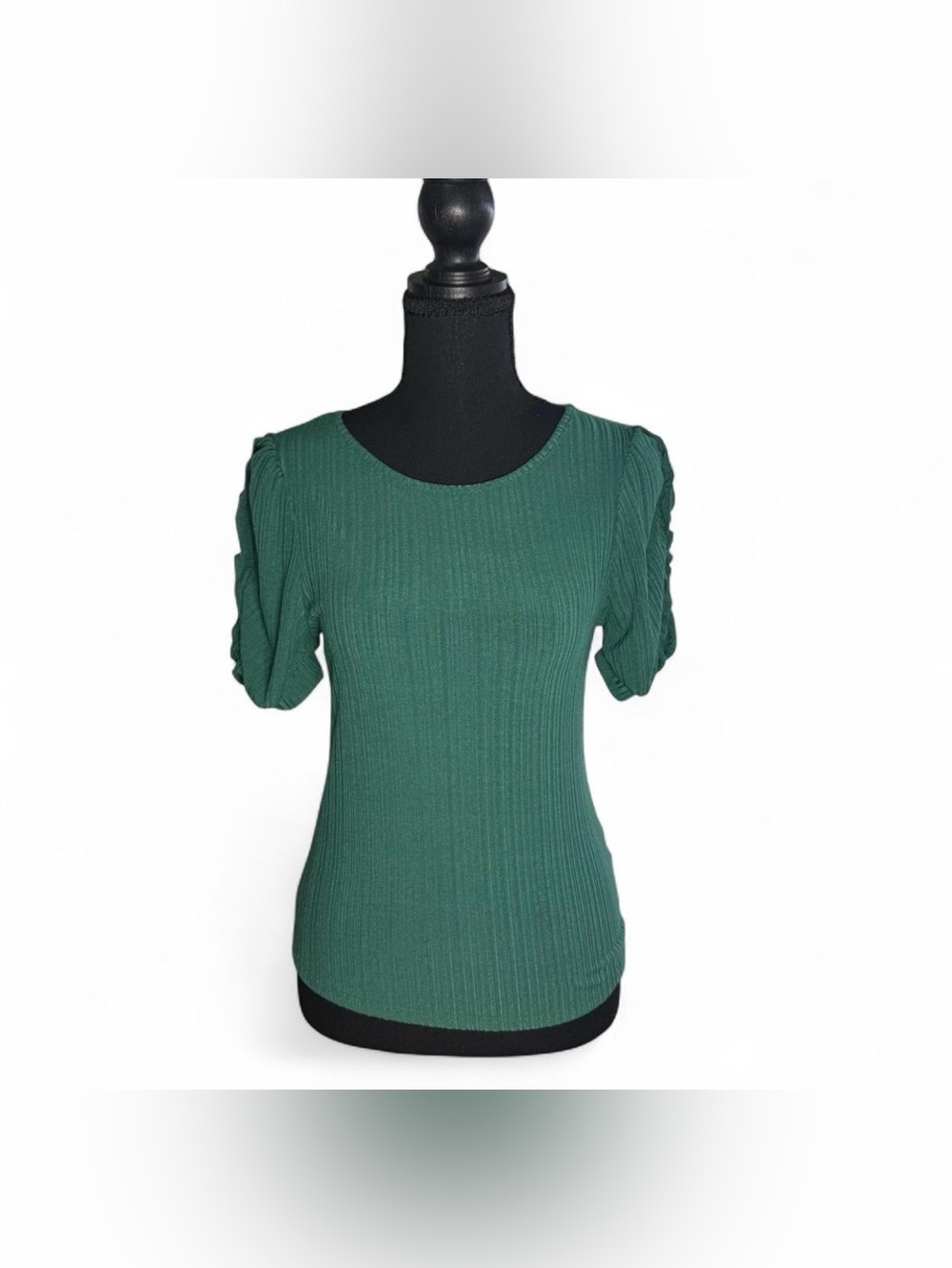 W by Who What Wear Green Ribbed Ruched Puff Sleeve Top Medium NEW